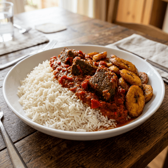 White Rice and Stew with beef and plantain