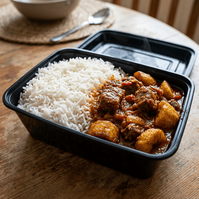 White Rice and Stew with beef and plantain 2