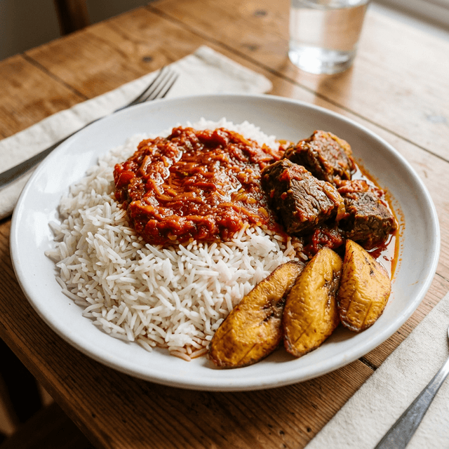 White Rice and Stew with beef and plantain
